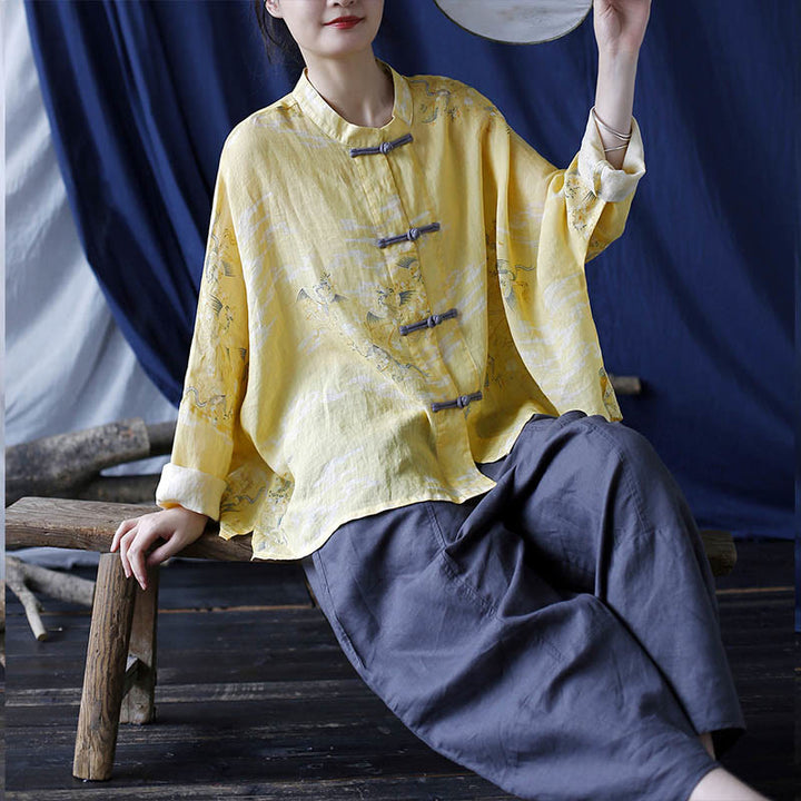 Camicia giacca in lino ramiè a maniche lunghe con stampa fenice gialla Buddha Stones Frog-button design
