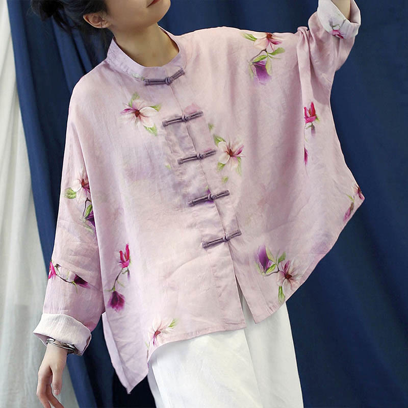 Camicia da giacca in lino ramiè a maniche lunghe con stampa a fiori rosa Buddha Stones Frog-button Design Batwing