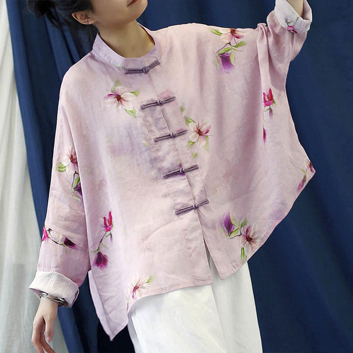 Camicia da giacca in lino ramiè a maniche lunghe con stampa a fiori rosa Buddha Stones Frog-button Design Batwing
