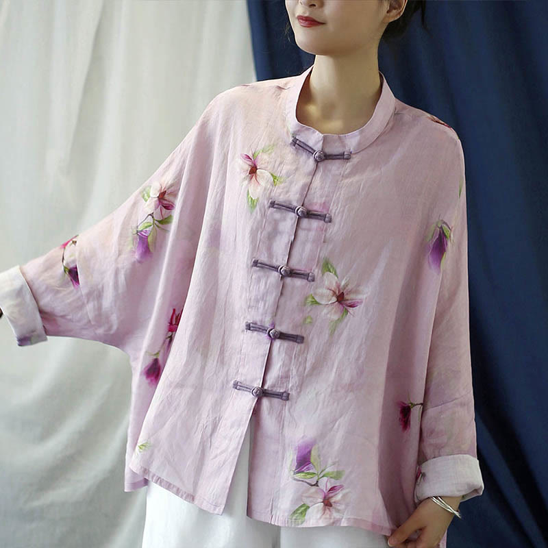 Camicia da giacca in lino ramiè a maniche lunghe con stampa a fiori rosa Buddha Stones Frog-button Design Batwing
