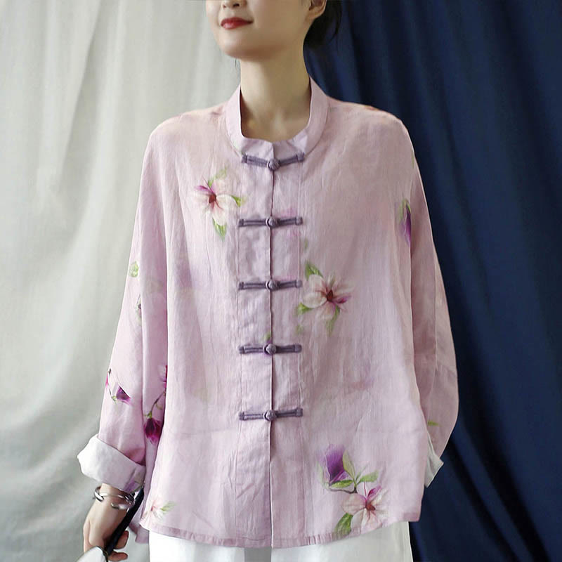Camicia da giacca in lino ramiè a maniche lunghe con stampa a fiori rosa Buddha Stones Frog-button Design Batwing