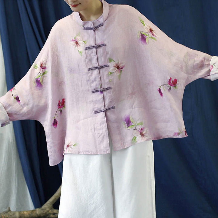 Camicia da giacca in lino ramiè a maniche lunghe con stampa a fiori rosa Buddha Stones Frog-button Design Batwing
