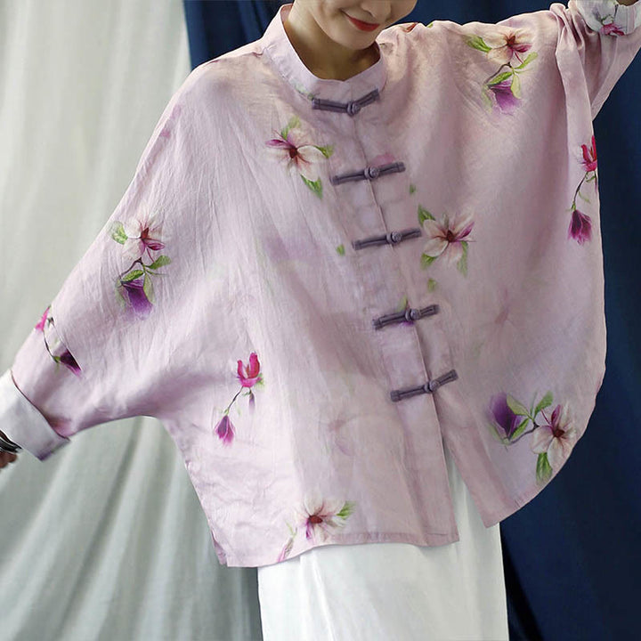 Camicia da giacca in lino ramiè a maniche lunghe con stampa a fiori rosa Buddha Stones Frog-button Design Batwing