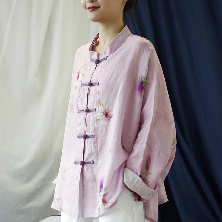 Camicia da giacca in lino ramiè a maniche lunghe con stampa a fiori rosa Buddha Stones Frog-button Design Batwing