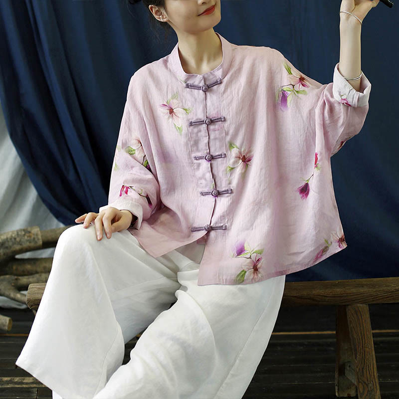 Camicia da giacca in lino ramiè a maniche lunghe con stampa a fiori rosa Buddha Stones Frog-button Design Batwing