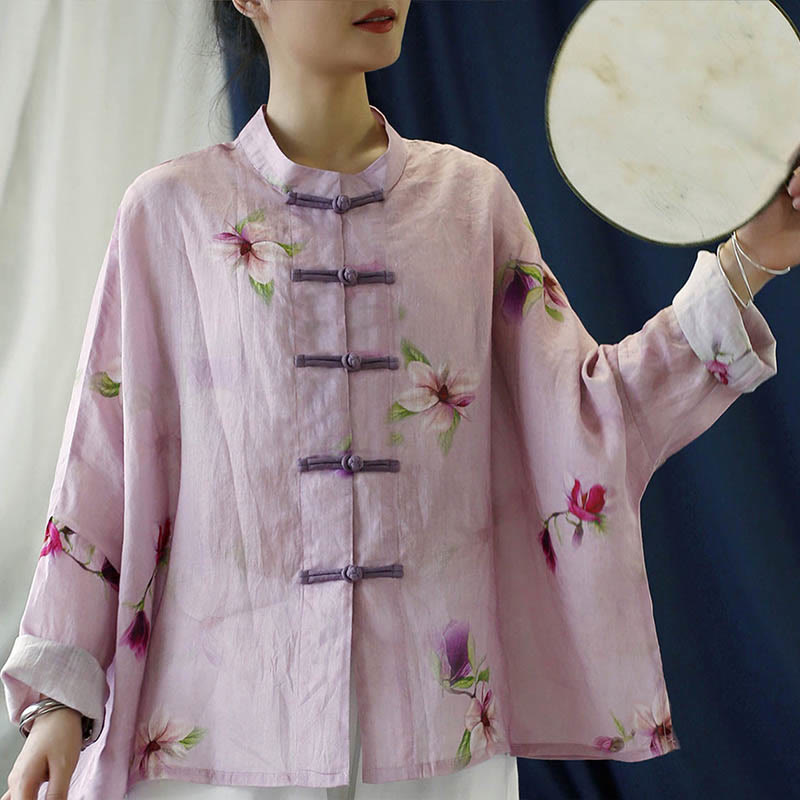 Camicia da giacca in lino ramiè a maniche lunghe con stampa a fiori rosa Buddha Stones Frog-button Design Batwing