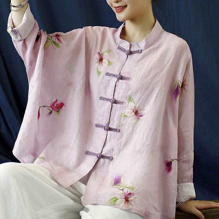 Camicia da giacca in lino ramiè a maniche lunghe con stampa a fiori rosa Buddha Stones Frog-button Design Batwing