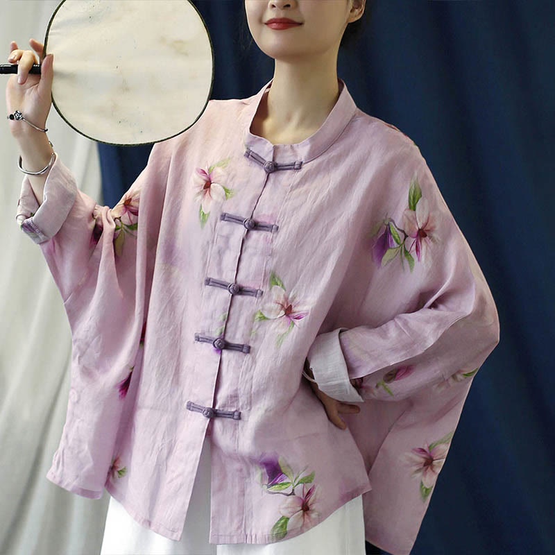 Camicia da giacca in lino ramiè a maniche lunghe con stampa a fiori rosa Buddha Stones Frog-button Design Batwing