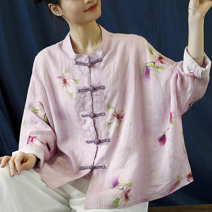Camicia da giacca in lino ramiè a maniche lunghe con stampa a fiori rosa Buddha Stones Frog-button Design Batwing