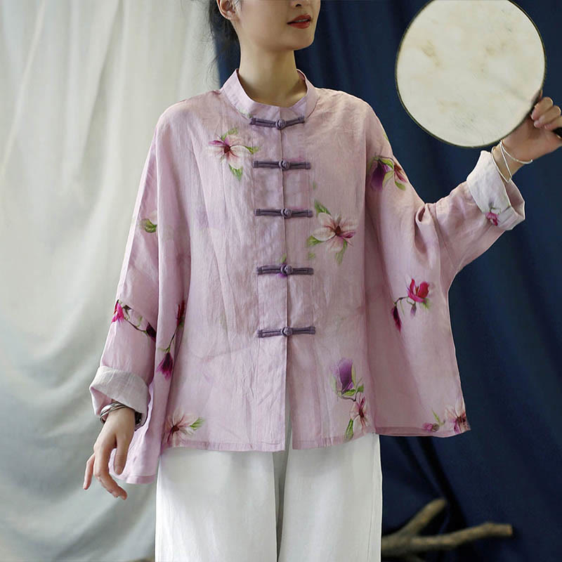 Camicia da giacca in lino ramiè a maniche lunghe con stampa a fiori rosa Buddha Stones Frog-button Design Batwing