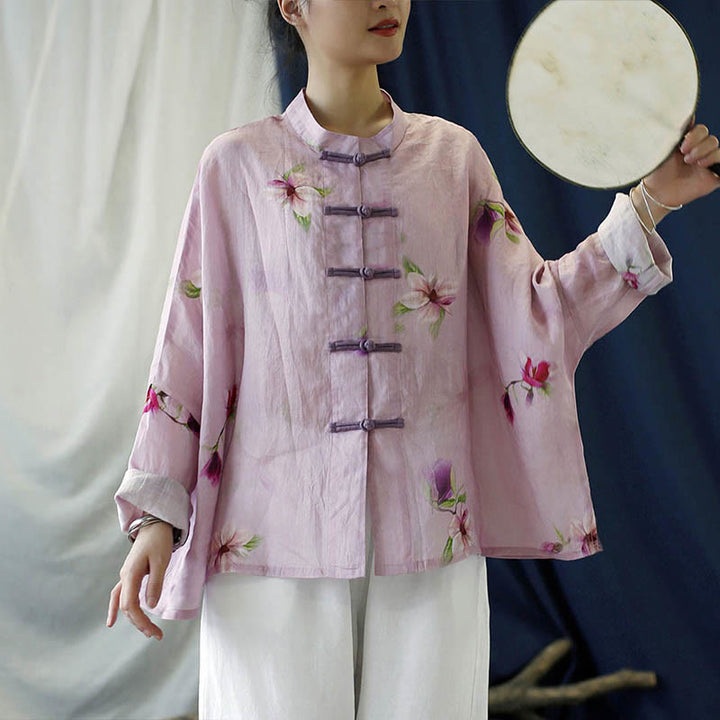 Camicia da giacca in lino ramiè a maniche lunghe con stampa a fiori rosa Buddha Stones Frog-button Design Batwing