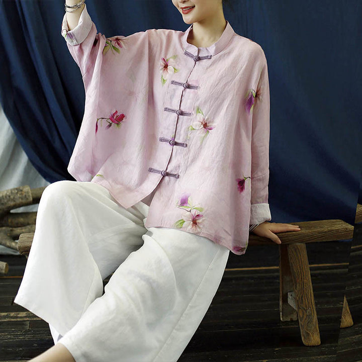 Camicia da giacca in lino ramiè a maniche lunghe con stampa a fiori rosa Buddha Stones Frog-button Design Batwing