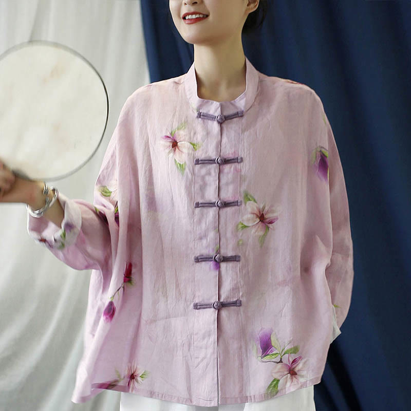 Camicia da giacca in lino ramiè a maniche lunghe con stampa a fiori rosa Buddha Stones Frog-button Design Batwing