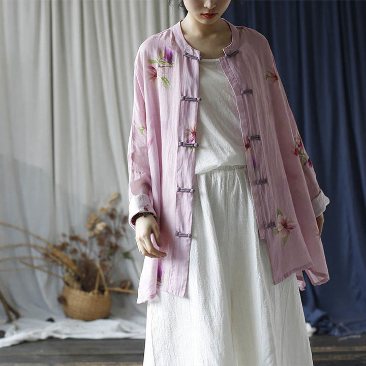 Camicia da giacca in lino ramiè a maniche lunghe con stampa a fiori rosa Buddha Stones Frog-button Design Batwing