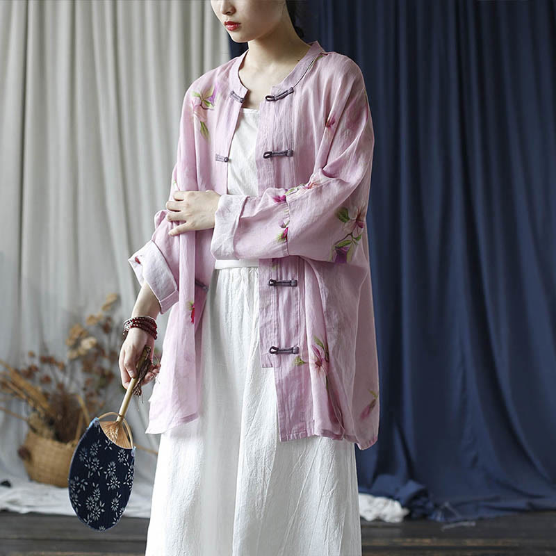 Camicia da giacca in lino ramiè a maniche lunghe con stampa a fiori rosa Buddha Stones Frog-button Design Batwing