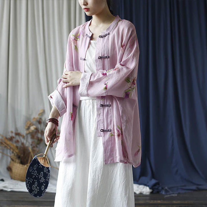 Camicia da giacca in lino ramiè a maniche lunghe con stampa a fiori rosa Buddha Stones Frog-button Design Batwing