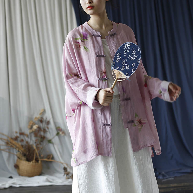 Camicia da giacca in lino ramiè a maniche lunghe con stampa a fiori rosa Buddha Stones Frog-button Design Batwing