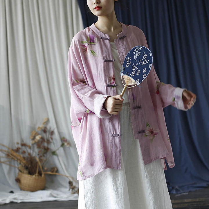Camicia da giacca in lino ramiè a maniche lunghe con stampa a fiori rosa Buddha Stones Frog-button Design Batwing