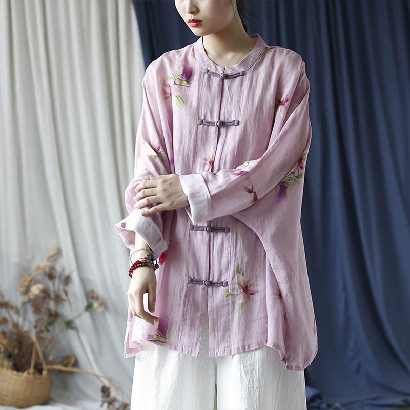 Camicia da giacca in lino ramiè a maniche lunghe con stampa a fiori rosa Buddha Stones Frog-button Design Batwing - image 27
