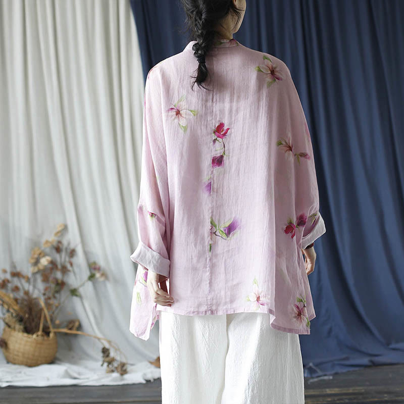 Camicia da giacca in lino ramiè a maniche lunghe con stampa a fiori rosa Buddha Stones Frog-button Design Batwing