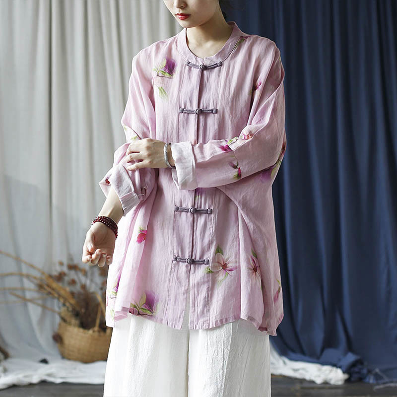 Camicia da giacca in lino ramiè a maniche lunghe con stampa a fiori rosa Buddha Stones Frog-button Design Batwing