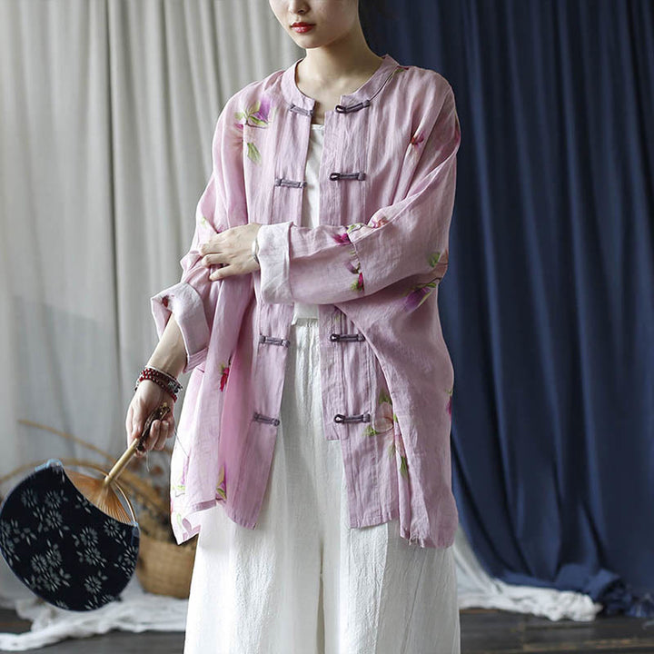 Camicia da giacca in lino ramiè a maniche lunghe con stampa a fiori rosa Buddha Stones Frog-button Design Batwing