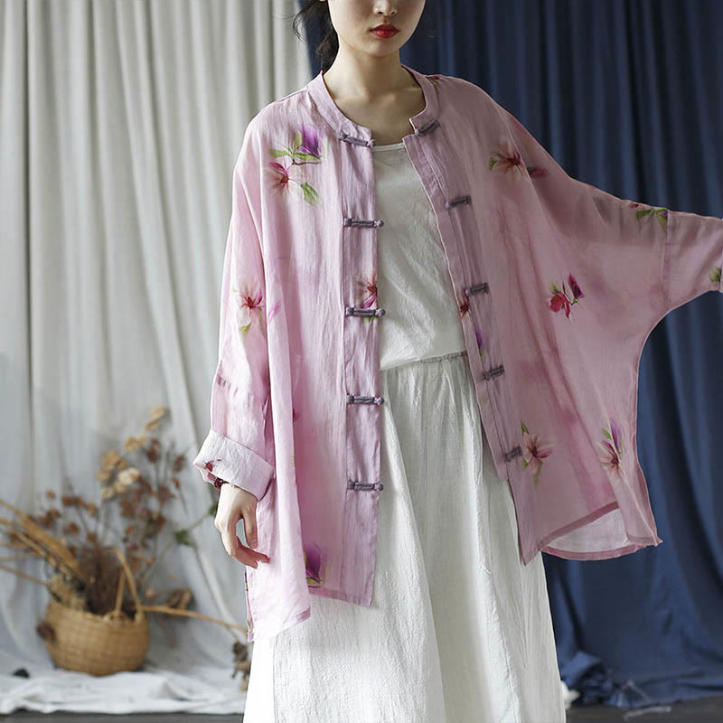 Camicia da giacca in lino ramiè a maniche lunghe con stampa a fiori rosa Buddha Stones Frog-button Design Batwing