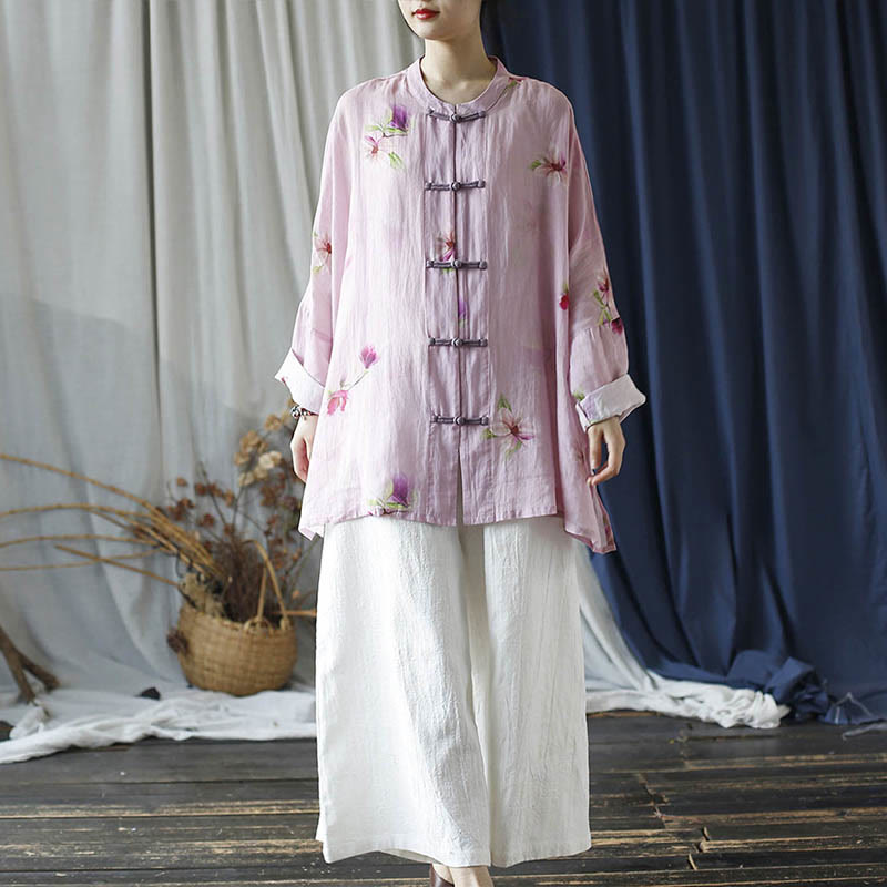 Camicia da giacca in lino ramiè a maniche lunghe con stampa a fiori rosa Buddha Stones Frog-button Design Batwing