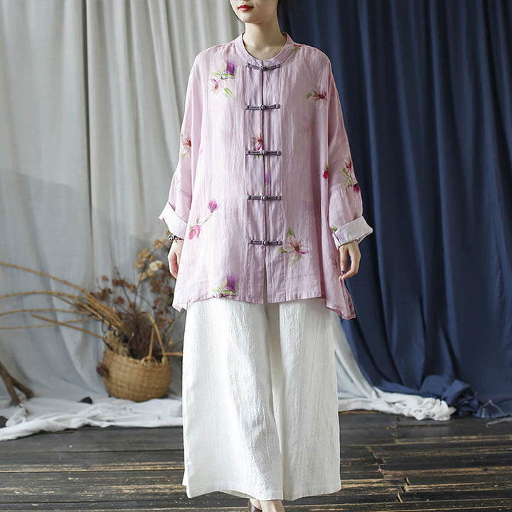 Camicia da giacca in lino ramiè a maniche lunghe con stampa a fiori rosa Buddha Stones Frog-button Design Batwing