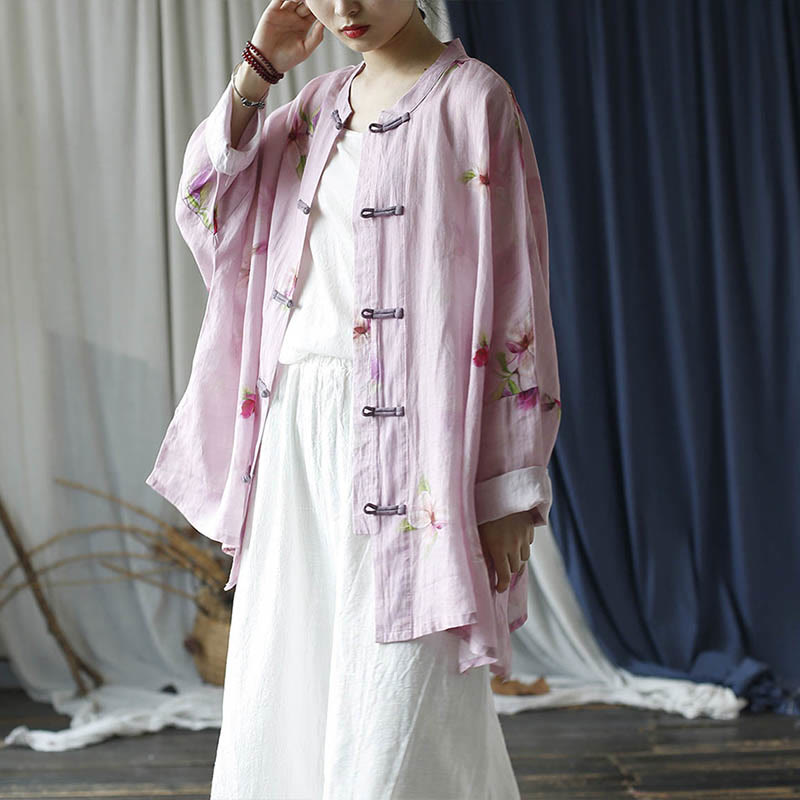 Camicia da giacca in lino ramiè a maniche lunghe con stampa a fiori rosa Buddha Stones Frog-button Design Batwing