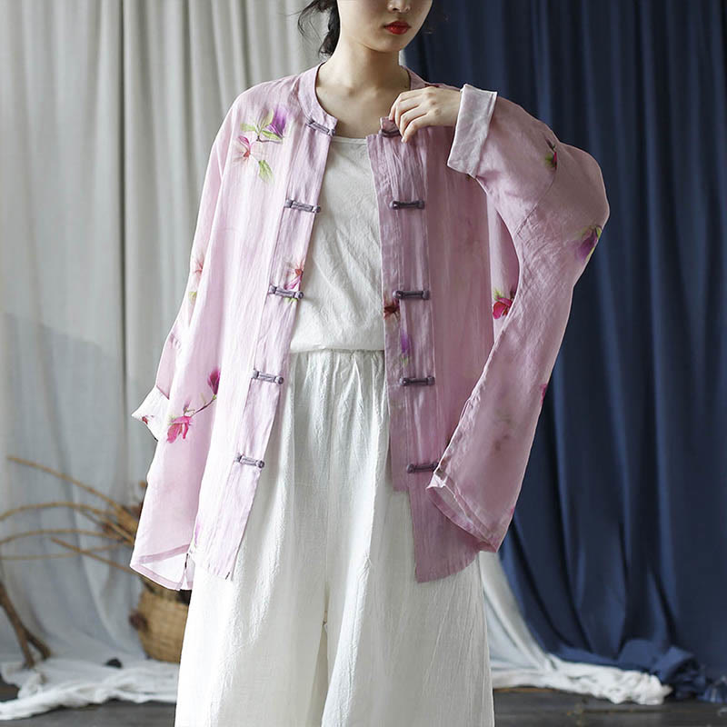 Camicia da giacca in lino ramiè a maniche lunghe con stampa a fiori rosa Buddha Stones Frog-button Design Batwing