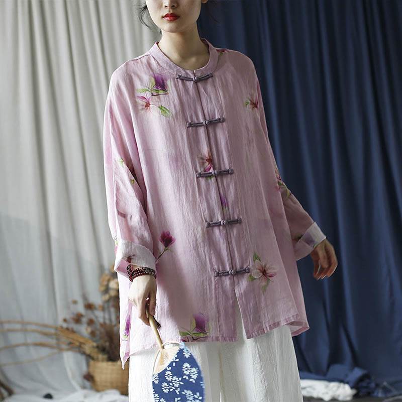Camicia da giacca in lino ramiè a maniche lunghe con stampa a fiori rosa Buddha Stones Frog-button Design Batwing