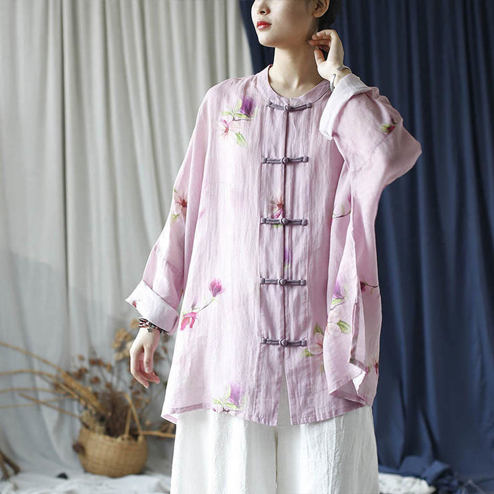 Camicia da giacca in lino ramiè a maniche lunghe con stampa a fiori rosa Buddha Stones Frog-button Design Batwing