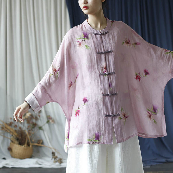 Camicia da giacca in lino ramiè a maniche lunghe con stampa a fiori rosa Buddha Stones Frog-button Design Batwing
