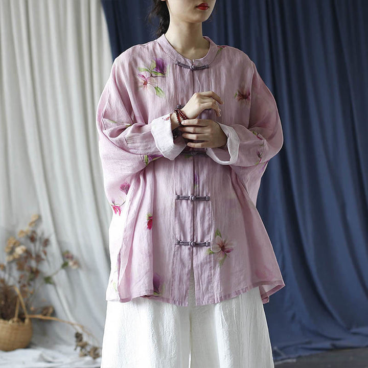 Camicia da giacca in lino ramiè a maniche lunghe con stampa a fiori rosa Buddha Stones Frog-button Design Batwing