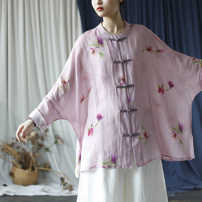 Camicia da giacca in lino ramiè a maniche lunghe con stampa a fiori rosa Buddha Stones Frog-button Design Batwing - image 22