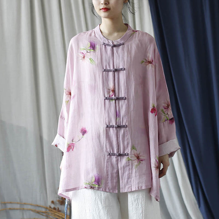 Camicia da giacca in lino ramiè a maniche lunghe con stampa a fiori rosa Buddha Stones Frog-button Design Batwing