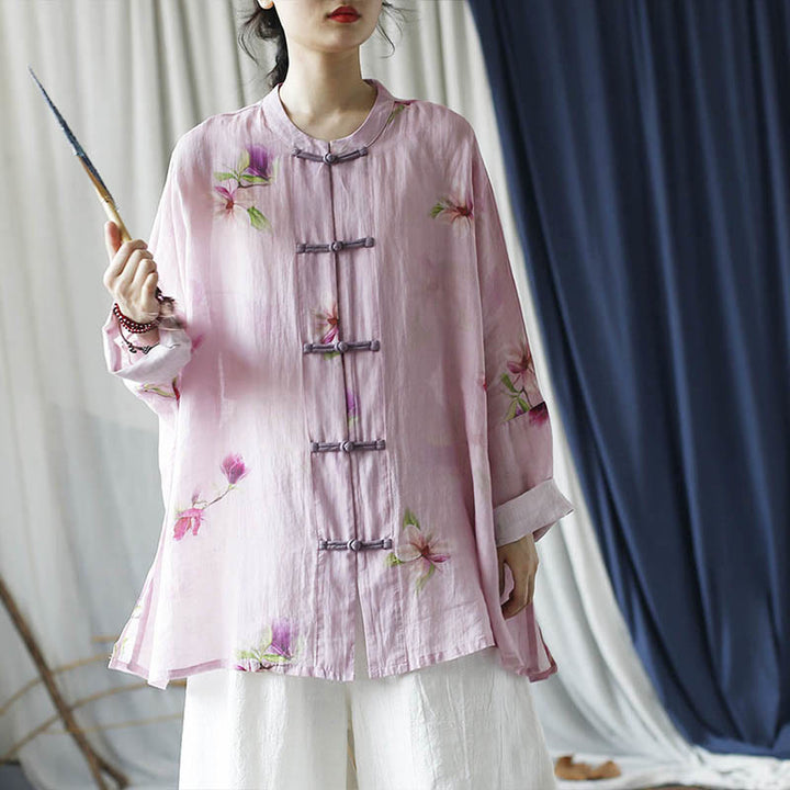 Camicia da giacca in lino ramiè a maniche lunghe con stampa a fiori rosa Buddha Stones Frog-button Design Batwing