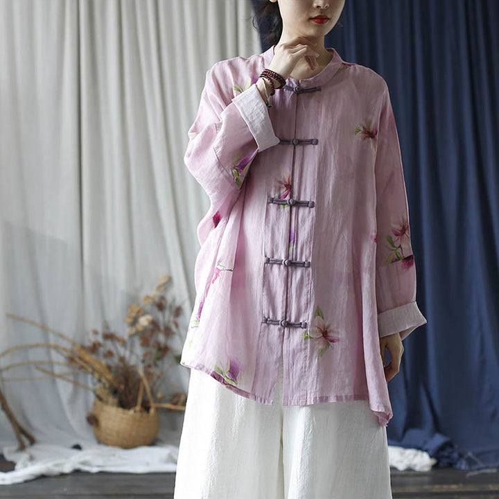 Camicia da giacca in lino ramiè a maniche lunghe con stampa a fiori rosa Buddha Stones Frog-button Design Batwing