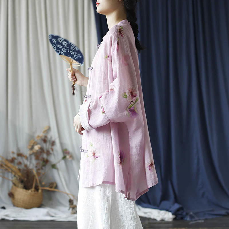 Camicia da giacca in lino ramiè a maniche lunghe con stampa a fiori rosa Buddha Stones Frog-button Design Batwing