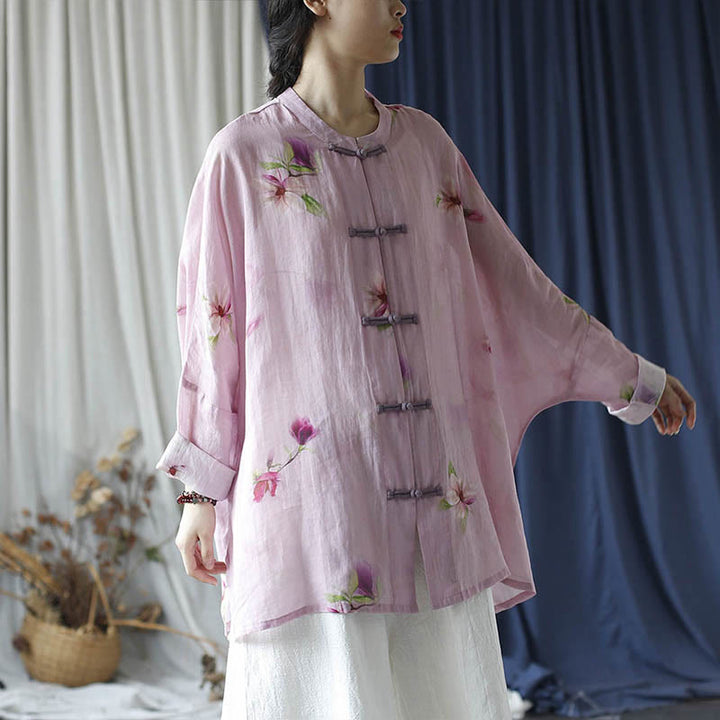 Camicia da giacca in lino ramiè a maniche lunghe con stampa a fiori rosa Buddha Stones Frog-button Design Batwing