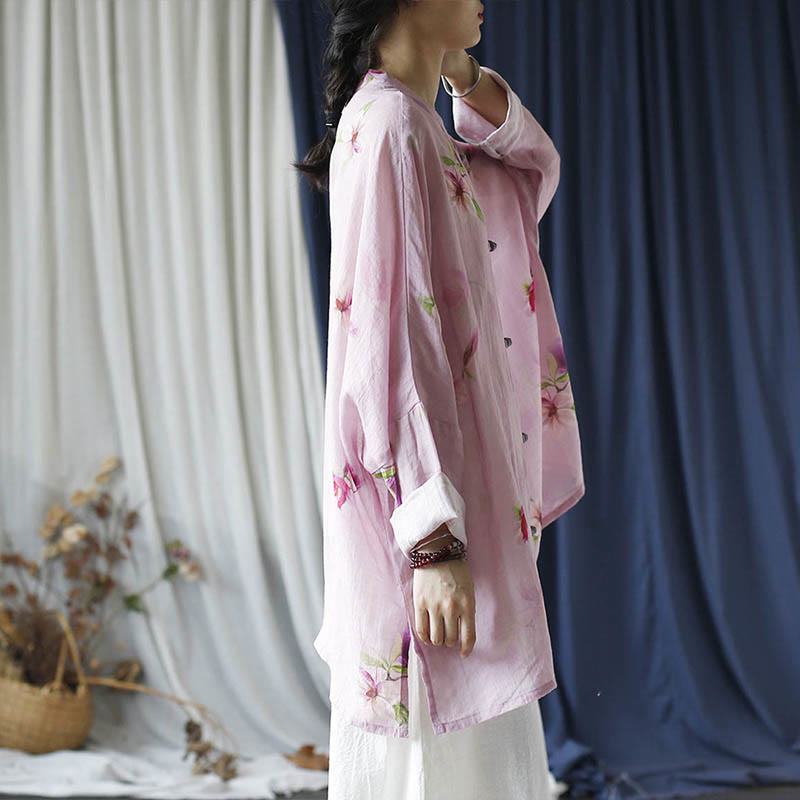 Camicia da giacca in lino ramiè a maniche lunghe con stampa a fiori rosa Buddha Stones Frog-button Design Batwing