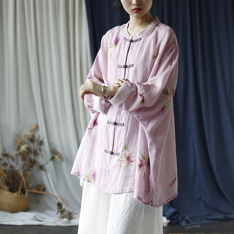 Camicia da giacca in lino ramiè a maniche lunghe con stampa a fiori rosa Buddha Stones Frog-button Design Batwing