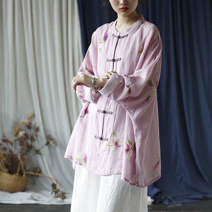 Camicia da giacca in lino ramiè a maniche lunghe con stampa a fiori rosa Buddha Stones Frog-button Design Batwing