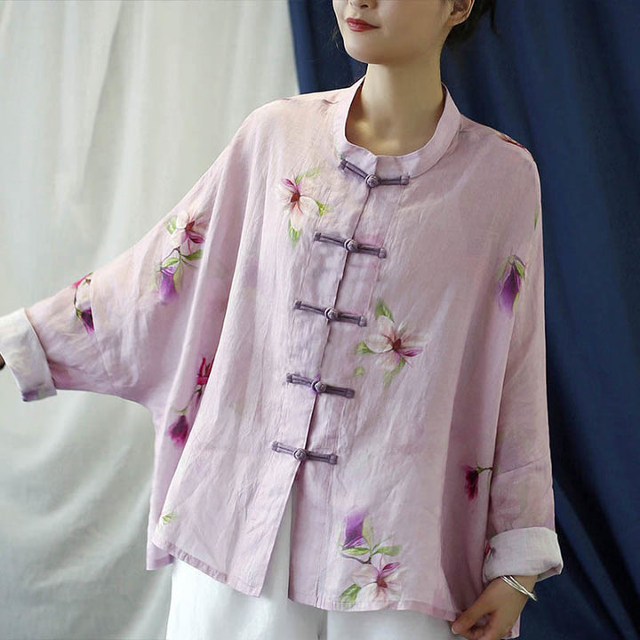 Camicia da giacca in lino ramiè a maniche lunghe con stampa a fiori rosa Buddha Stones Frog-button Design Batwing