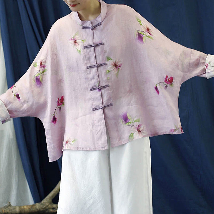 Camicia da giacca in lino ramiè a maniche lunghe con stampa a fiori rosa Buddha Stones Frog-button Design Batwing