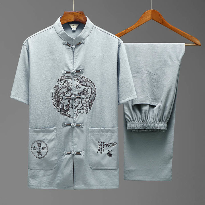 Buddha Stones Dragon Fu Character Tang Suit Camicia a maniche corte tradizionale Pantaloni a gamba larga Abbigliamento da uomo Set