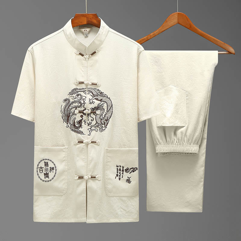 Buddha Stones Dragon Fu Character Tang Suit Camicia a maniche corte tradizionale Pantaloni a gamba larga Abbigliamento da uomo Set