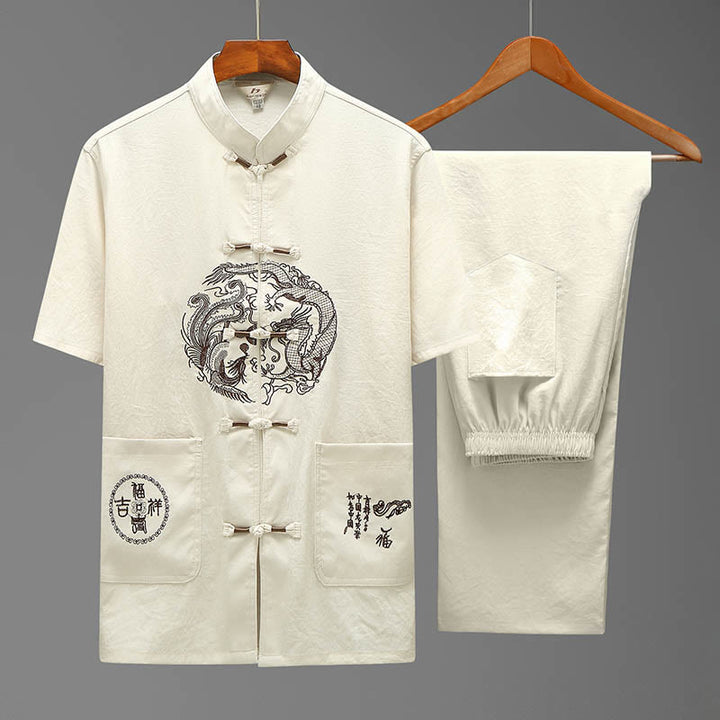 Buddha Stones Dragon Fu Character Tang Suit Camicia a maniche corte tradizionale Pantaloni a gamba larga Abbigliamento da uomo Set