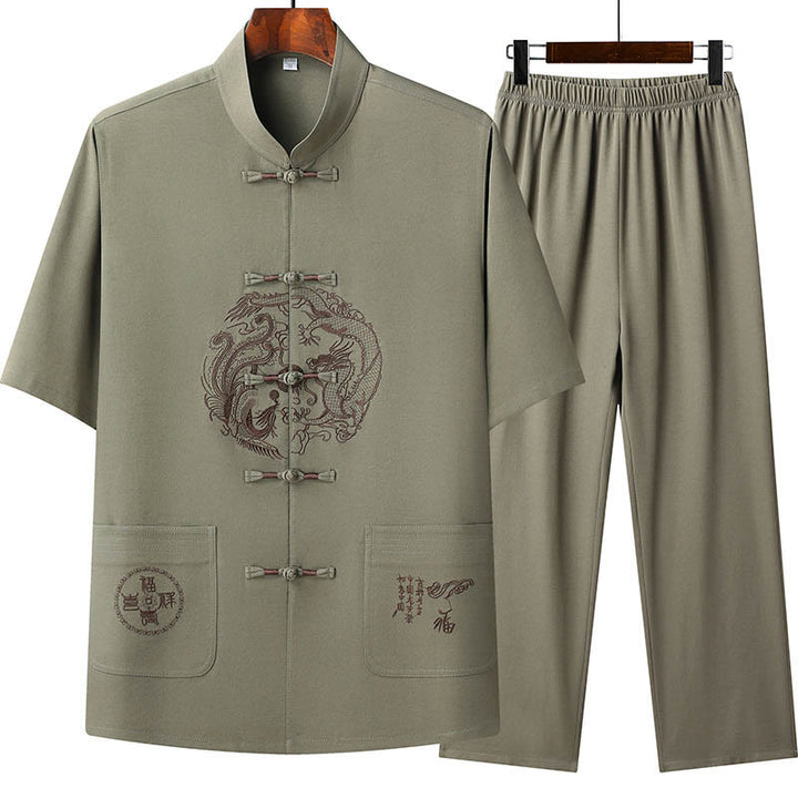 Buddha Stones Dragon Fu Character Tang Suit Camicia a maniche corte tradizionale Pantaloni a gamba larga Abbigliamento da uomo Set